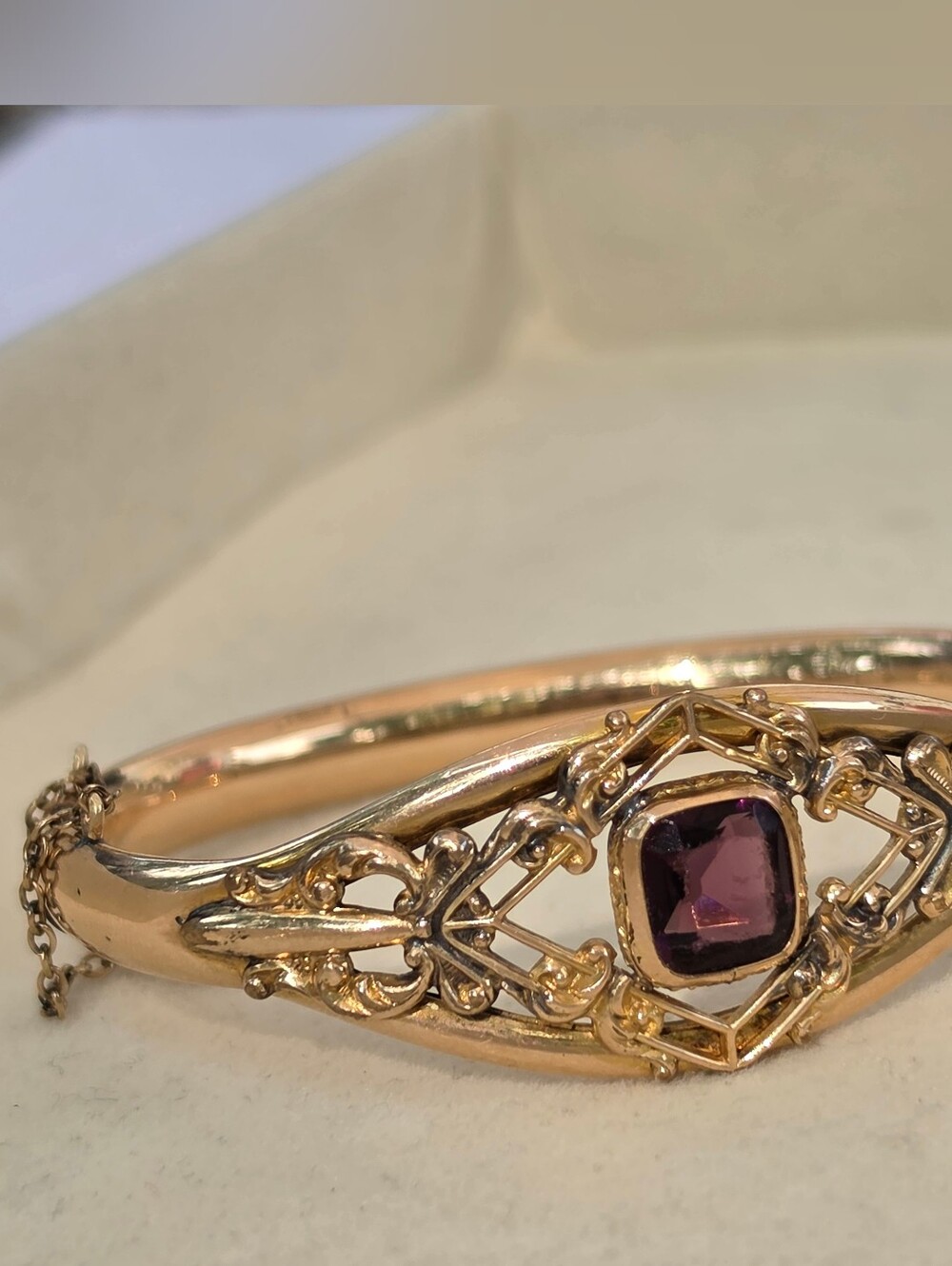 Antique Victorian Gold Filled Hinged Bangle Bracelet & Purple Stone